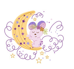 vector of a sleeping bear on the moon. transparent background, cartoon illustration