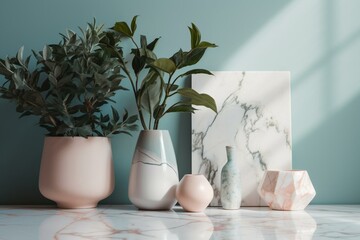 A gorgeous minimal display with marble, plants, and pastel colors on a horizontal background. Generative AI