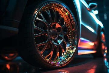Holographic car wheel brake, conveying technology, sport and transportation. Generative AI