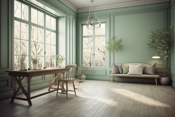 3D-rendered pastel vintage room with white wood floor, gray walls, light green table, and sunlight. Keywords: vintage, pastel, 3D-render, room, wood, gray, green, table, sunlight. Generative AI
