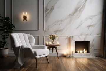Minimalist living room interior design with marble wall, white armchair, candles and decor on parquet flooring. Generative AI