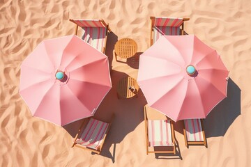 Top view of beach umbrella and chairs on a pink background, rendered in 3d. Representing a summer vacation concept. Generative AI