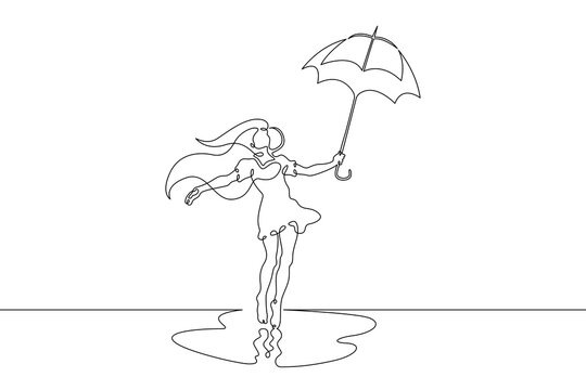 One Continuous Line. Girl Under An Umbrella. Young Woman In The Rain With An Umbrella In Her Hand. Reflection In A Puddle. One Continuous Line Drawn Isolated, White Background.