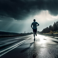 athlete runnerforest trail in the storm Generative AI