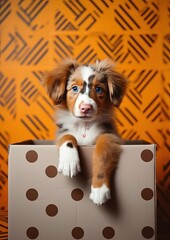 Adorable little dog inside of a box illustration made with Generative AI
