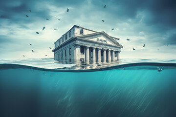 Banking Default and Bank Crisis. Banks drowning in debt with financial instability concept. Generative AI illustration