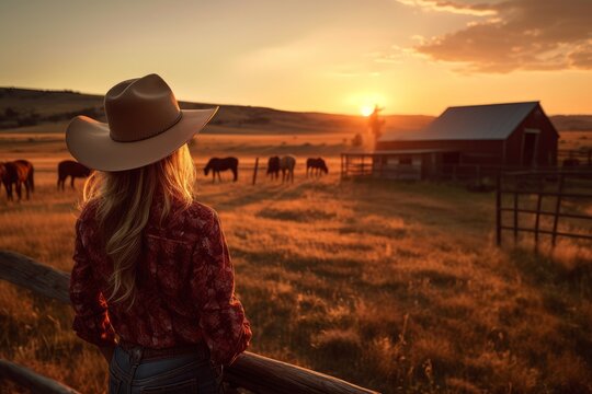 Serene image of a cowgirl watching the sun rise over the ranch, with golden hues and a sense of peace and tranquility. A moment of beauty in nature. Generative AI.