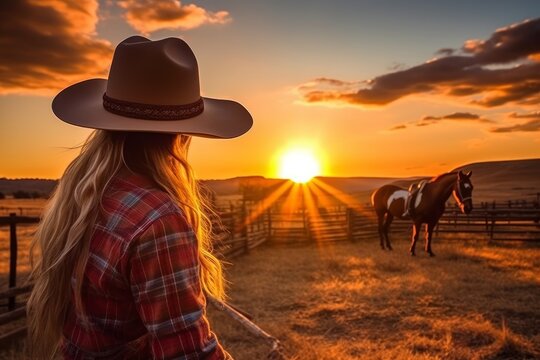 Serene image of a cowgirl watching the sun rise over the ranch, with golden hues and a sense of peace and tranquility. A moment of beauty in nature. Generative AI.