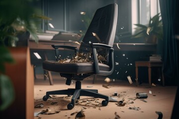 A chair with a spring and items falling down in an office setting. Generative AI