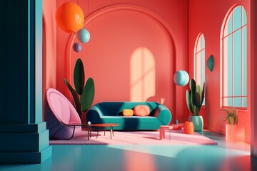 Colorful 3D room with smooth, gradient objects. Generative AI