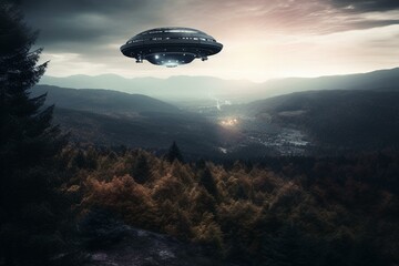 Fototapeta na wymiar Alien spacecraft gliding above dark landscape. Generative AI