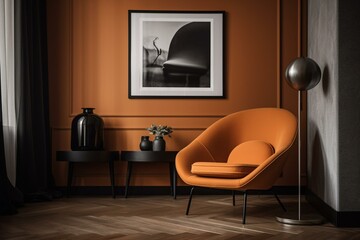 A modern living room with a frame mockup, brown armchair, black accessories, and an orange background. Generative AI