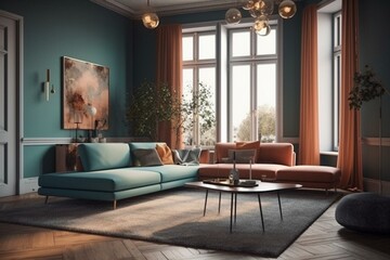 Simple, vibrant living room in 3D image. Generative AI
