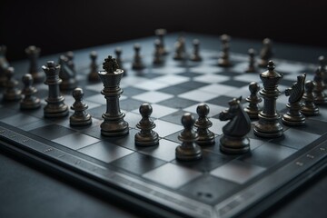 Chessboard creativity, gray backdrop, mockup, match and battle concept, 3D render. Generative AI