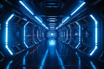 Futuristic blue neon spaceship corridor for advertisement and gaming. Generative AI