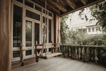 Unoccupied veranda exterior with a roped-off wooden swing on the background patio. Generative AI - obrazy, fototapety, plakaty