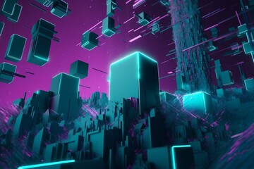 Futuristic 3D design with turquoise & purple blocks. Generative AI