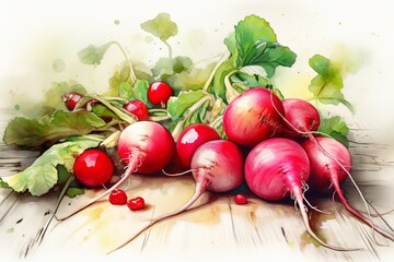 Colorful watercolor illustration of radishes on a white background. Generative AI