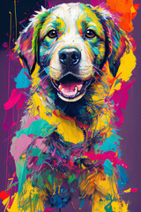 Puppy made out of colorful paint splatter	
