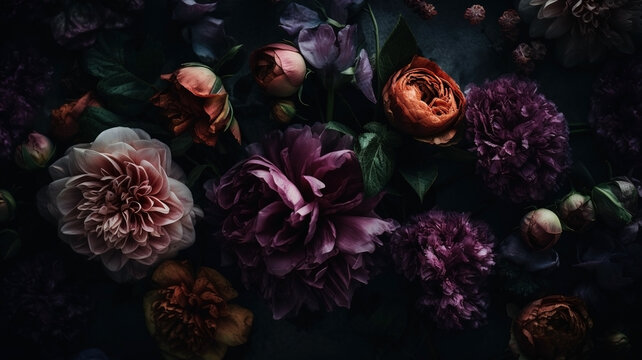 Flowers with drops of water dark moody romantic background. Close-up floral backdrop. Ai generated