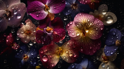 Fototapeta na wymiar Flowers with drops of water close-up dark romantic background. Ai generated