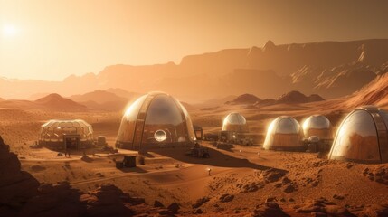 Fototapeta na wymiar A group of futuristic buildings in the desert. Generative AI image.