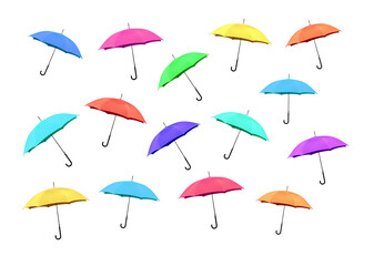 15 variously colored umbrellas in mid air