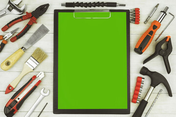 Repair equipment on a carpentry wooden table