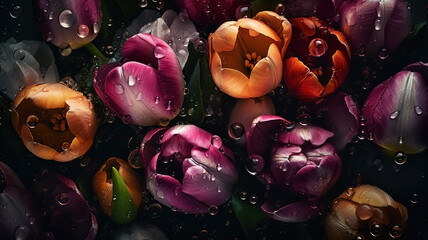 Tulips with drops of water moody romantic background. Ai generated