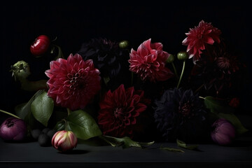 Peonies dark moody romantic background. Close-up floral banner. Ai generated