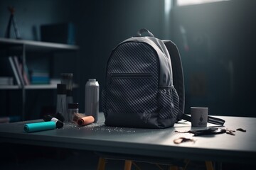 Obraz na płótnie Canvas Modern school desk with accessories and backpack. Education concept. Generative AI