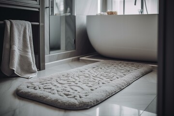 A bathroom with a plush grey bath mat and slippers on its floor. Generative AI