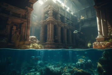 Underwater image of the mythical lost city of Atlantis. Generative AI
