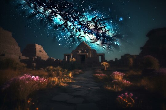 Multicolored night scene of mystical ruins, pyramids, Anubis, flowers, and a galaxy sky. Generative AI