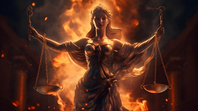 Justice symbol : Lady of justice holding scale of justice with fire background symbolizing the power and importance of truth and fairness in the legal system