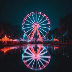 Deurstickers Ferris wheel in an amusement park in neon light is reflected in the water. Amusement park at night with ferris wheel and reflection in water. © Natalie Dmay