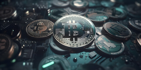 Close up photo of bitcoin crypto currency. Generative AI 
