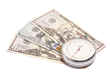 Stopwatch with dollar banknotes. Time is money concept