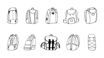 Hand drawn vector camping backpacks clipart set.