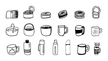 Hand drawn vector camping food and teapots clipart set