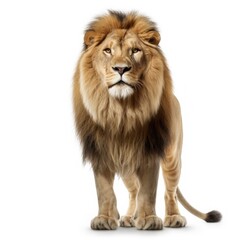 Fototapeta na wymiar Portrait of a Male adult lion looking at the camera, Panthera leo, isolated on white. AI generative