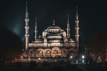 Fototapeta na wymiar Night view of the Blue Mosque with warm, orange illumination. Generative AI