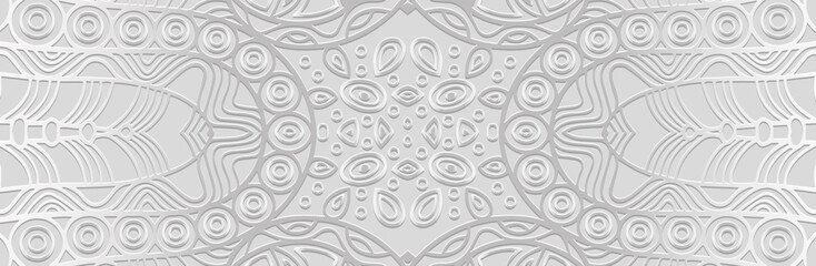 Decorative banner, ethnic cover design. Embossed tribal 3D boho pattern, handmade, ornaments. Geometric white background. Vintage national color of East, Asia, India, Mexico, Aztec, Peru.