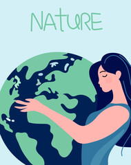 Hands cradling the globe, expressing a profound respect and care for Mother Nature. Concept signifying environmental challenges and the importance of protecting the Earth. Vector.
