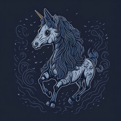 Naklejka na ściany i meble the image of a unicorn in shades of blue. Cartoon style, big eyes on a blue background. Beautiful magical creature in graphic style. Created with AI
