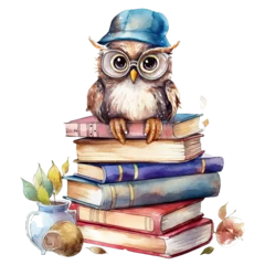 Foto auf Acrylglas Eulen-Cartoons Watercolor books wuth owl. Illustration AI Generative.
