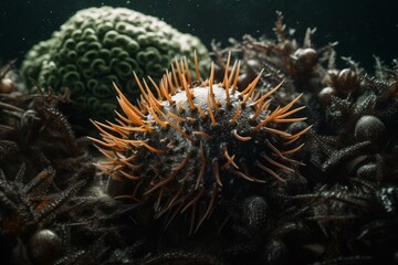 Naklejka na ściany i meble Sea vegetables that stand up to the ocean's blistered with sea urchin. Generative AI