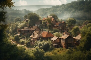 Charming watercolor village with old buildings, trees, and landmarks in the European countryside during summer. Generative AI