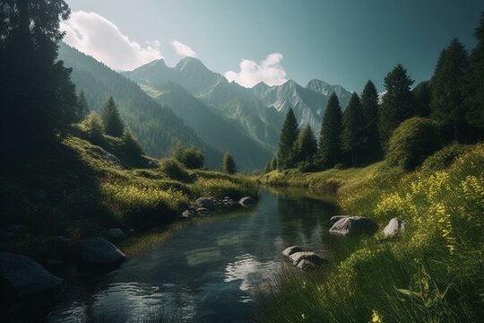 A serene mountain scenery with lake and lush meadow. Generative AI