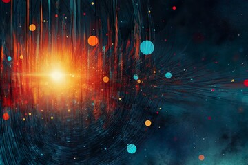 Black work line drawing of a void black sun, Colourful null planet and scape vibrant